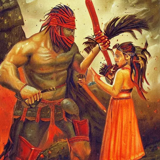 Prompt: painting of, a warrior dad protecting his little daughter, from the demons of life, highly detailed