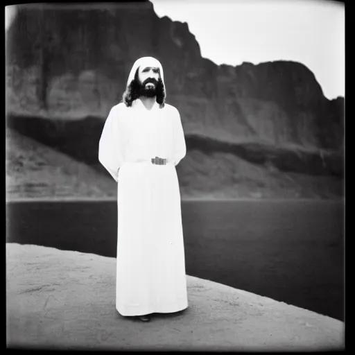 Prompt: photo of Jesus Christ by Diane Arbus, black and white, high contrast, Rolleiflex, 55mm f/4 lens