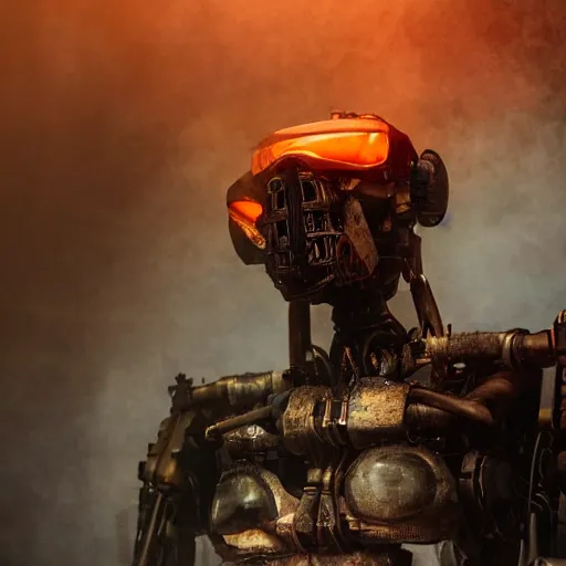 Image similar to closeup of mecha with surface of knives and forks, dark messy smoke - filled cluttered workshop, dark, dramatic lighting, orange tint, cinematic, highly detailed, sci - fi, futuristic, movie still from blade runner