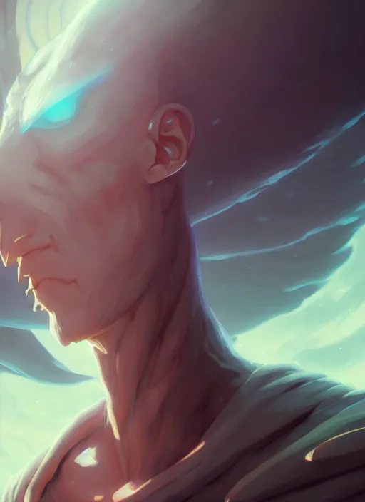 Image similar to handsome saitama, dark, anime, peter mohrbacher, path traced, half body shot, kelly mckernan, alfonso mucha, cinematic, concept artbook, artstation, video game, pixar, unreal engine, 8 k