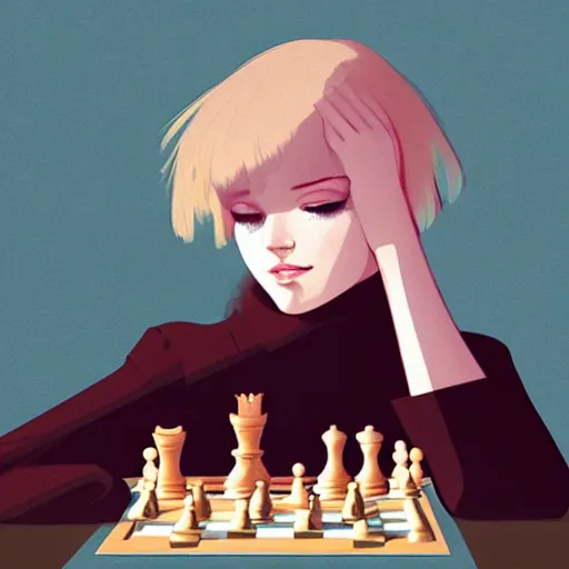 Prompt: portrait by ilya kuvshinov of a beautiful blonde girl playing chess at a table, slight smile, symmetrical face, trending on pixiv, fhd, detailed, subdued color palette