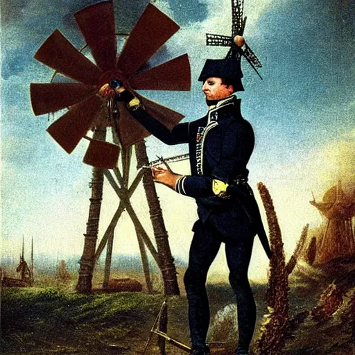 Prompt: napoleon bonaparte holding a windmill at the battle field, mysterious, realistic