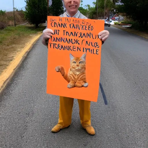Image similar to happy orange tabby cat holding a sign that says