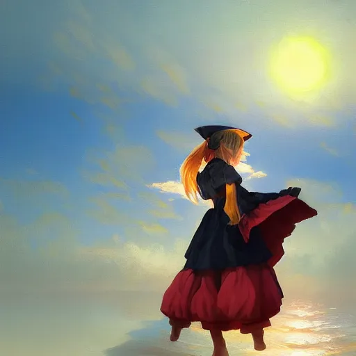 Image similar to Kirisame Marisa, sunset on the beach, touhou project, ZUN, beautiful portrait, oil on canvas, official artwork, trending on artstation, in the style of Aivazovsky