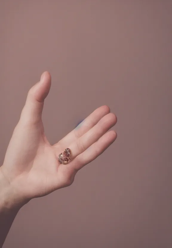 Image similar to a photo of one ultra detailed woman's palm, cupping hand gesture, point finger with ring on it, other hand not visible, instagram photo, studio photo