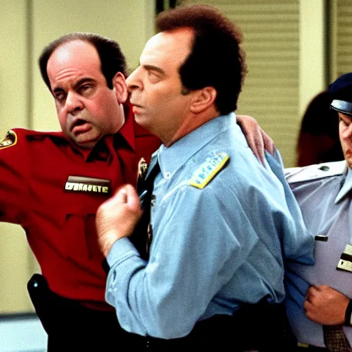 Prompt: 8k photo George Costanza being arrested by Kramer on an episode of Seinfeld,