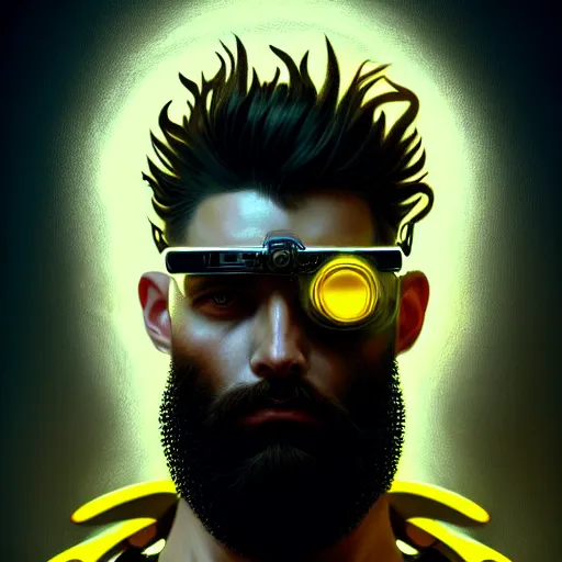 Image similar to bearded man with extremely large and intricate haircut with angry yellow eyes and slim features looking askance, eye cyberpunk bionics, retro futurist style, intricate, elegant gleaming intricate baroque jewelry, angelic halo, highly detailed, digital painting, artstation, concept art, smooth, sharp focus, illustration, art by wlop, mars ravelo and greg rutkowski,