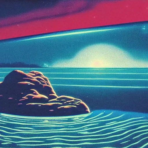 Prompt: a swim in the sea at night, synth wave, Angus McKie