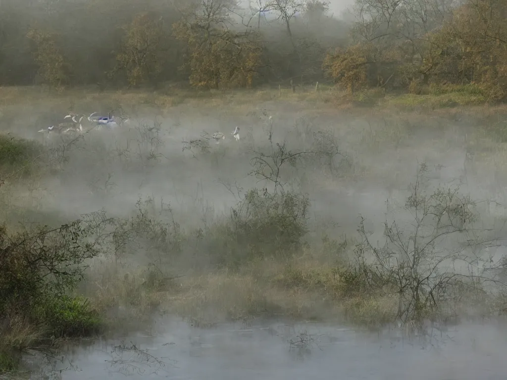 Image similar to A landscape photo taken by Kai Hornung of a river at dawn, misty, early morning sunlight, cold, chilly, two swans swim by, rural, English countryside