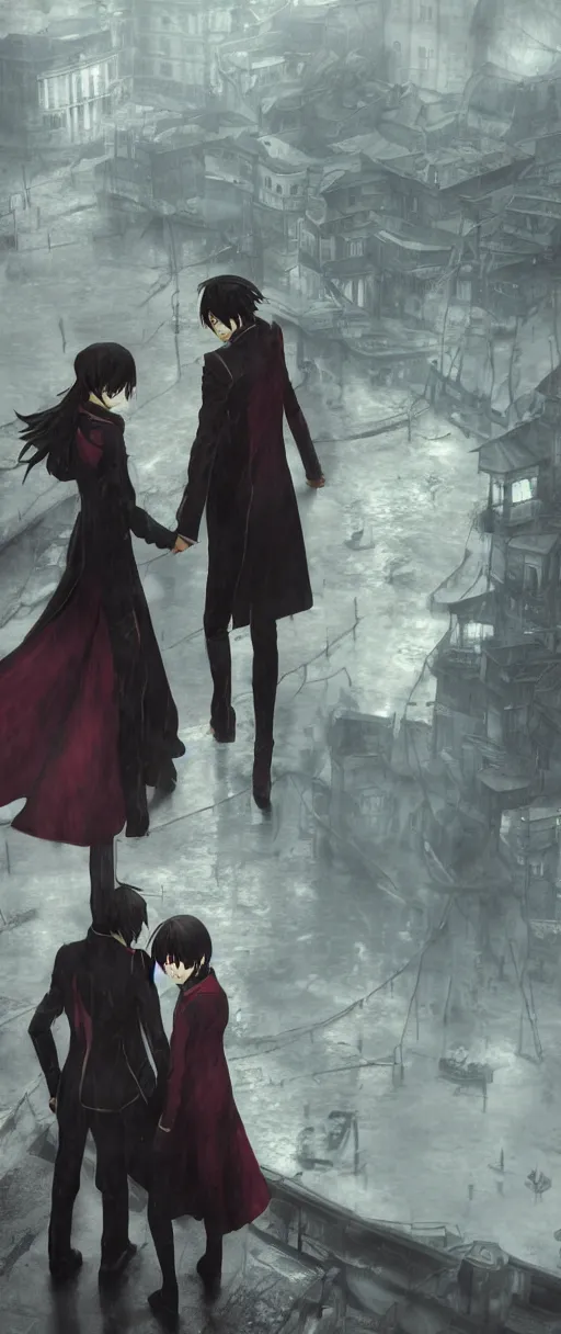 Prompt: lelouch lamperouge and asuka langley holding hands in dishonored town, dunwall city, redshift render, cinematic lighting, rainy weather, melancholy atmosphere, dunwall city, volumetric light, octane render, dishonored game, dishonored 1, gothic architecture, realistic reflections