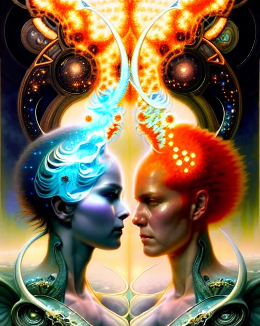 Image similar to a portrait of gemini water and fire fantasy character portrait made of fractals facing each other, ultra realistic, wide angle, intricate details, the fifth element artifacts, highly detailed by peter mohrbacher, hajime sorayama, wayne barlowe, boris vallejo, aaron horkey, gaston bussiere, craig mullins