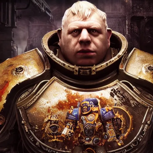 Image similar to Portrait of Boris Johnson as the emperor of humanity from warhammer 40k in Gears of War, splash art, movie still, cinematic lighting, dramatic, octane render, long lens, shallow depth of field, bokeh, anamorphic lens flare, 8k, hyper detailed, 35mm film grain