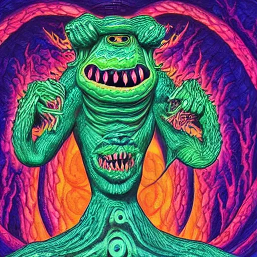 Image similar to a monster with two sharp heads that look sternly at each other, it has several eyes and scales on the misshapen body, psychedelic cosmic horror