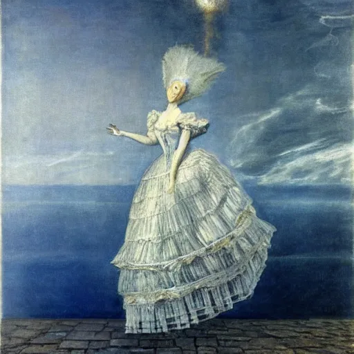 Image similar to Marie Antoinette levitating over the sea. El Greco, Remedios Varo, Salvador Dali, Carl Gustav Carus, John Atkinson Grimshaw. Blue tint. Symetrical, logo, geometric shapes.