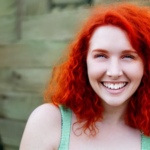 Prompt: a smiling woman with red hair, green eyes, dimples, and rosy cheeks