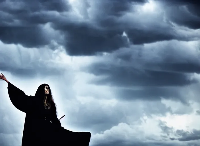 Prompt: stunning occult priestess casting spell, stormy sky