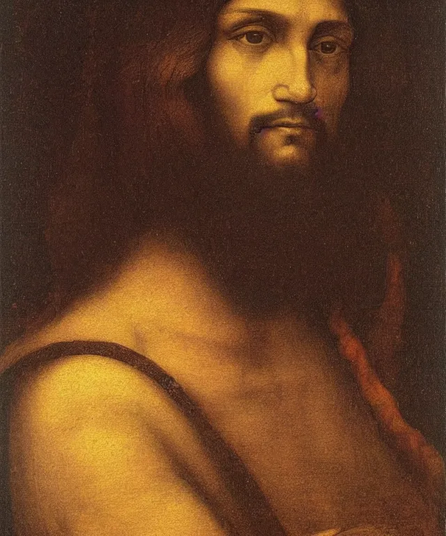 Image similar to portrait of mexican jesus, leonardo di vinci, painting