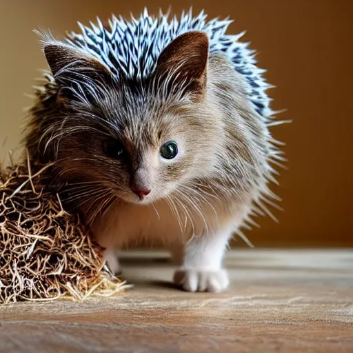 Image similar to a cat and a hedgehog as one animal.