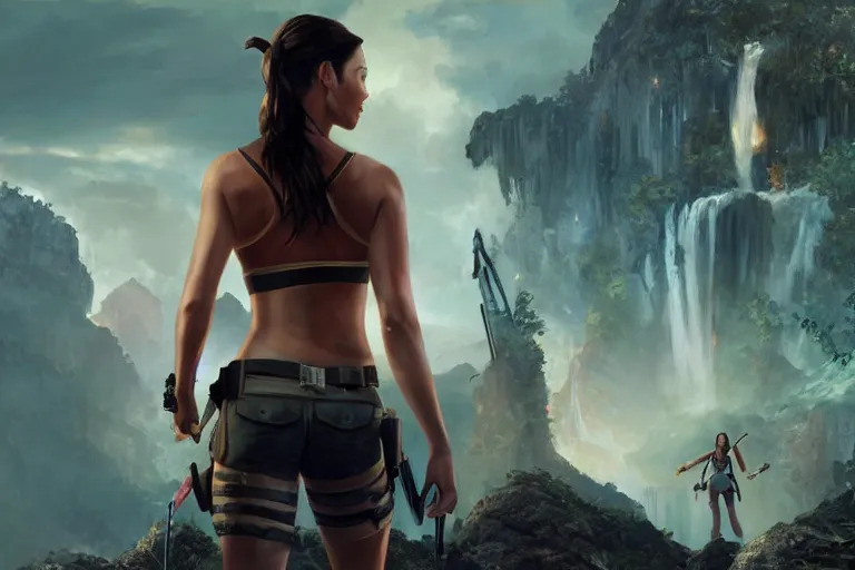 Image similar to film still of aubrey plaza as lara croft, an oil painting by ross tran and thomas kincade