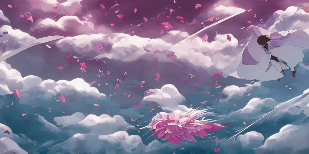 Prompt: background art of flying longswords flowing and floating through the slicing through directional wind on a simple cloudy sky background featuring an enormous tsunami, big puffy clouds, large individual rose petals, lotus petals, angular background elements, large polygonal fragments, anime, studio ghibli, artgerm, manga, trending on artstation, art nouveau, mature color scheme