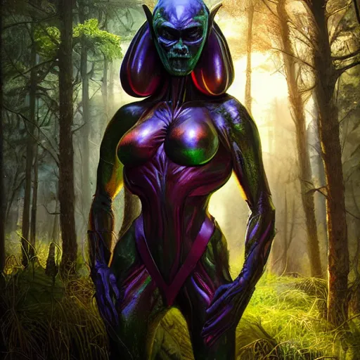 Image similar to A hyper real comic book style portait painting of a beautiful alien creature in the woods, unreal 5, hyperrealistic, octane render, cosplay, RPG portrait, dynamic lighting