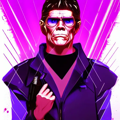 Image similar to willam dafoe as the main character of a cyberpunk anime in the style of bladerunner by wlop and greg rutkowsky