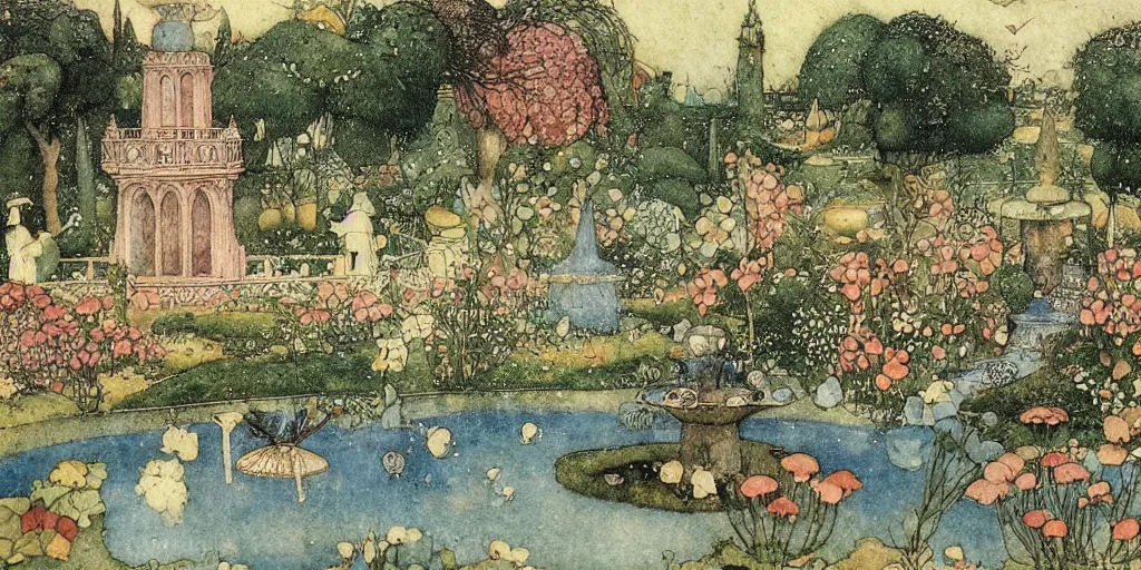 Prompt: a beatiful old garden with fountain, extremely detailed, sharp focus, wide view, smooth, digital illustration, colorfull by edmund dulac, by hieronimus bosch