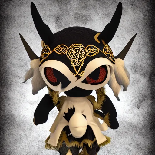 Image similar to cute fumo plush of a goat girl with horns, anime girl, tribal outfit with intricate celtic knot patterns, golden pauldrons, gothic maiden shaman, pagan goddess, black and white, stark shadows, artstation, vray