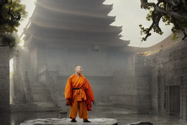 Prompt: A MONKEY!!!!! dressed as a shaolin monk, standing in front of an ancient chinese palace, cinematic lighting, artstation, greg rutkowski