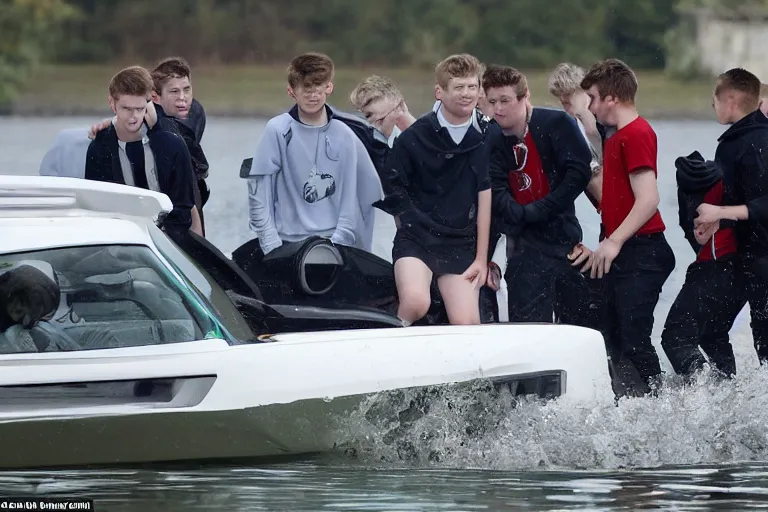 Image similar to A group of teenagers are behind a Rolls-Royce holding him by the boot and pushing him into a white lake from a small slide