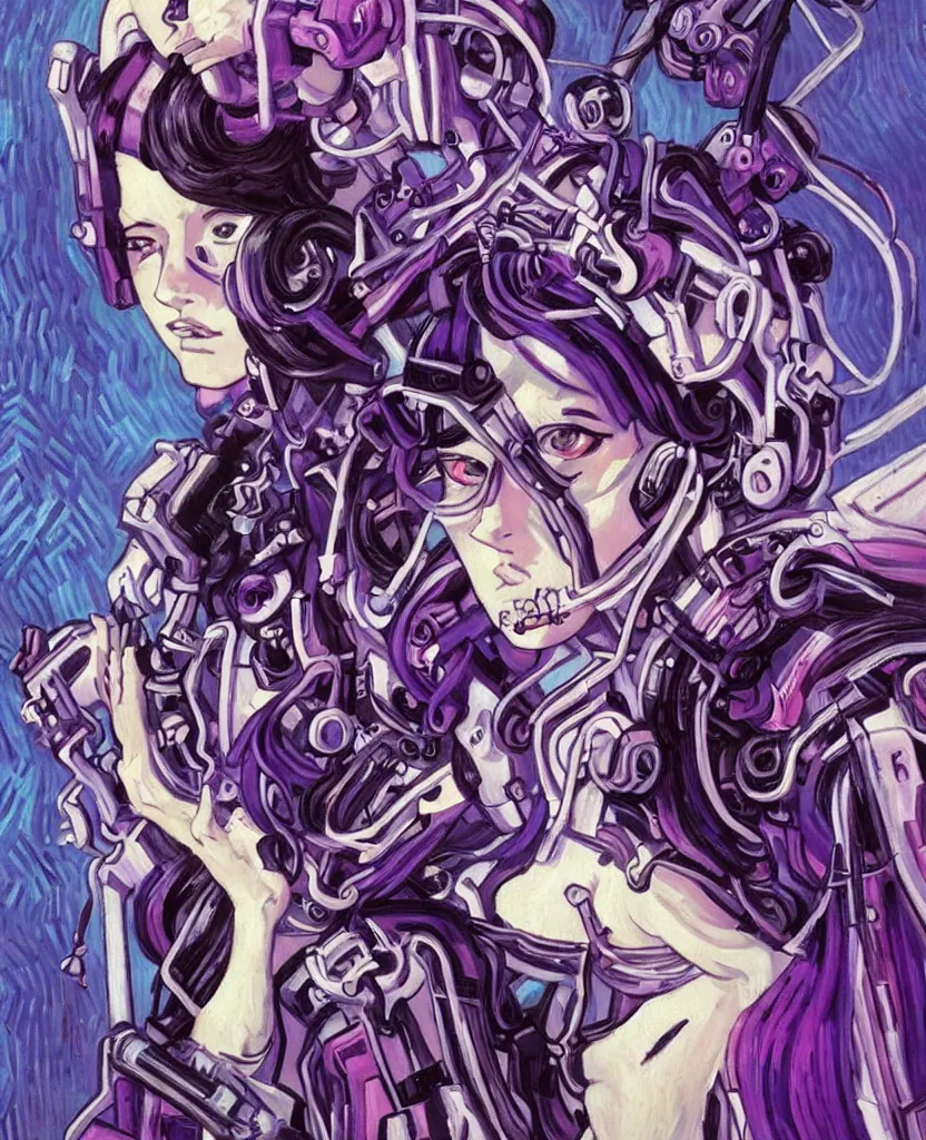 Image similar to A beautiful painting of a cyberpunk anime girl with purple hair and an a huge robot arm sensual stare, augmentations and cybernetic enhancements neon circuits, Painted by Vincent Van Gogh 8k highly detailed ❤️‍🔥 🔥 💀 🤖 🚀