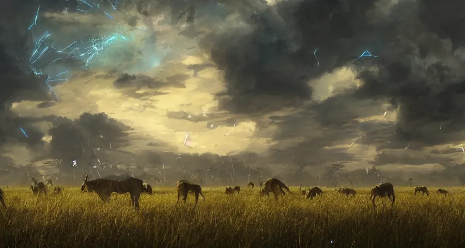 Prompt: distant cyberpunk wildlife herds on the african plains, long grass, sparkling water, glistening, dramatic clouds, rain, extreme weather, hyper realistic, hyper detailed, digital art, trending in artstation, cinematic lighting, vibrant, studio quality, smooth render, unreal engine 5 rendered, octane rendered, by jesper ejsing, wlop, paul lehr