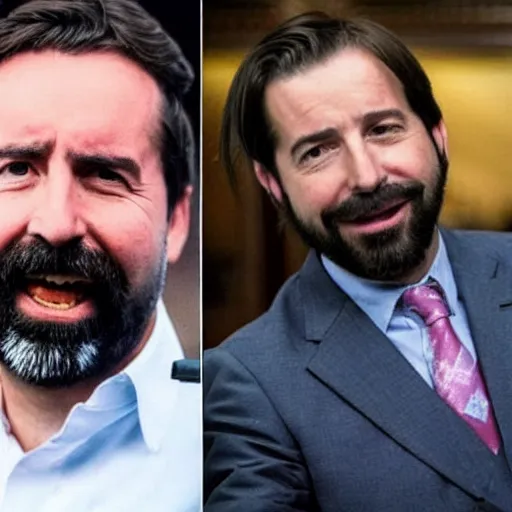 Image similar to pablo iglesiasn on the left, and santiago abascal on the right sharing a kebab in the houses of parliament