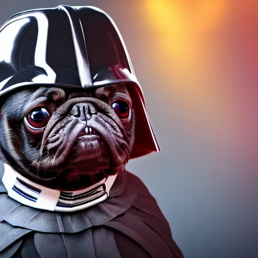 Image similar to 3 d rendered hyper realistic hyper detailed black pug wearing a pug - shaped darth vader helmet, octane render, blender, 8 k