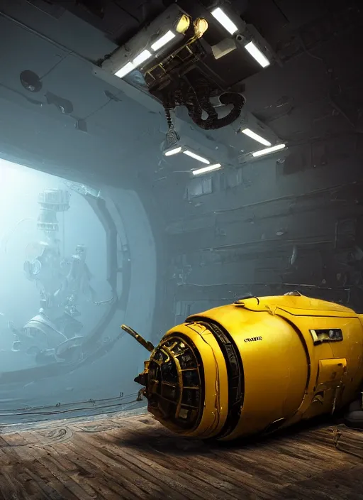 Image similar to a photorealistic dramatic hyperrealistic render of a exosuit deep sea submersible, ultra realistic details, glossy yellow, well worn, rust, oil stains by vitaly bulgarov and mike nash, beautiful dramatic dark moody tones and lighting, cinematic atmosphere, studio lighting, global illumination, shadows, dark background, octane render, 8 k