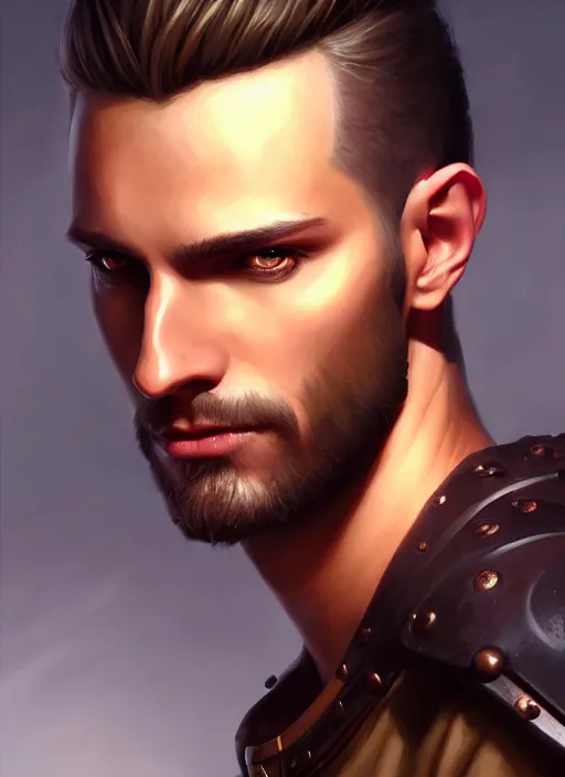 Image similar to a _ fantasy _ style _ portrait _ painting _ of male, medium dark blonde pulled back side part and blonde stubble, rpg dnd oil _ painting _ unreal _ 5 _ daz. _ rpg _ portrait _ extremely _ detailed _ artgerm _ greg _ rutkowski _ greg