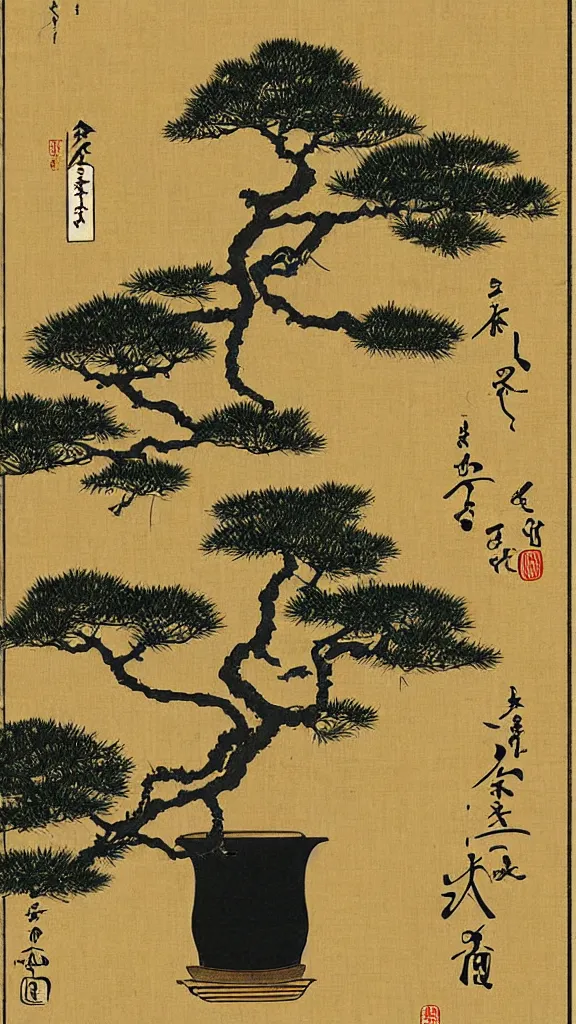 Image similar to an empty light bulb with a bonsai tree inside of it. Shin-hanga, ukiyo-e banner