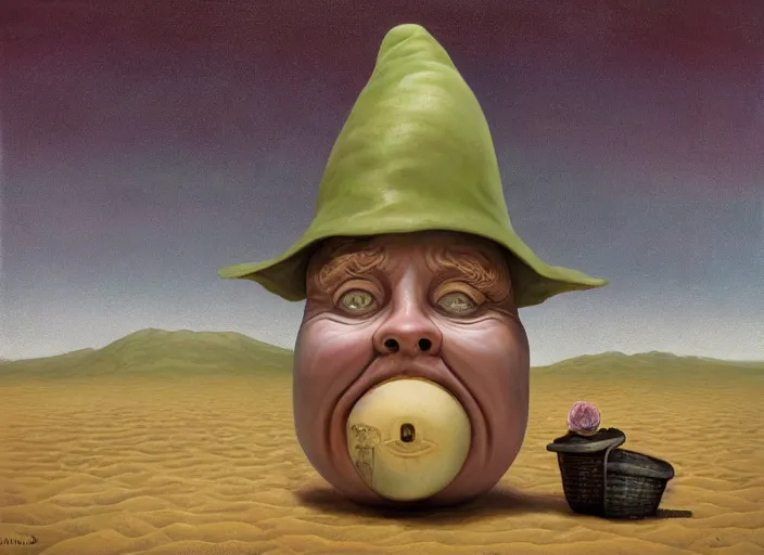 Image similar to a discarded half - buried garden gnome in a vast barren desert, an ultrafine detailed painting by mark ryden, trending on deviantart, pop surrealism, whimsical, lowbrow, perfect symmetrical face