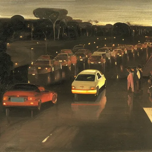 Prompt: a man in his car queuing in traffic at dusk, angry at other motorists, in the background the queue of cars, painted by caravaggio