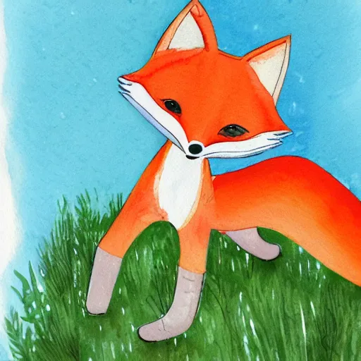 Prompt: watercolor, children book illustration, fox, white background