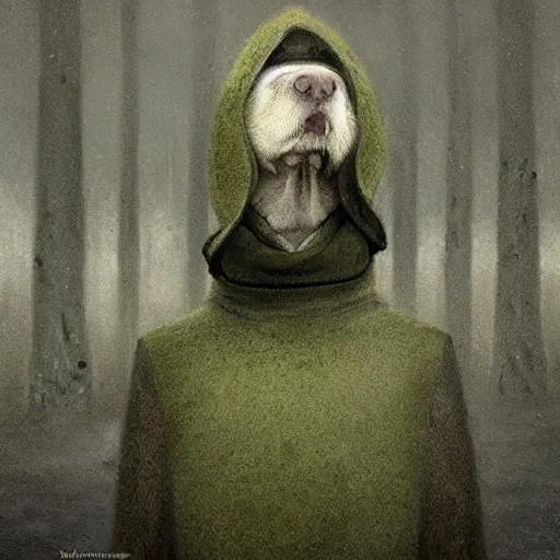 Prompt: dog assassin donning a green versace turtleneck standing in new york anton semenov shahab alizadeh john bauer realism