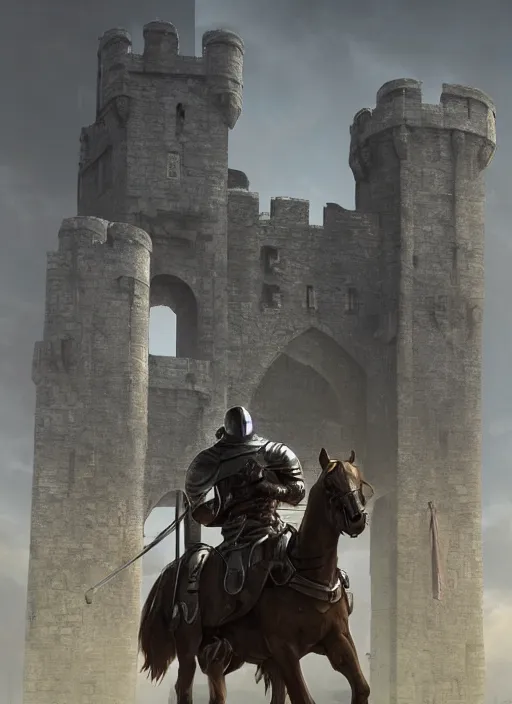 Image similar to knight on his horse standing in front of a huge medieval castle gate, brutalist architecture, dramatic lighting, cinematic, establishing shot, extremly high detail, foto realistic, cinematic lighting, post processed, concept art, artstation, matte painting, style by eddie mendoza, raphael lacoste, alex ross