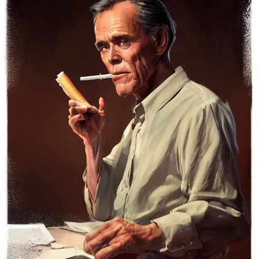 Image similar to a highly detailed epic cinematic concept art CG render digital painting artwork costume design: Henry Fonda as a 1950s tired disillusioned poet, barefoot, smoking a cigarette. volumetric lighting. By Greg Rutkowski, in the style of Francis Bacon and Syd Mead and Norman Rockwell and Beksinski, open ceiling, highly detailed hands and cigarette, painted by Francis Bacon and Edward Hopper, painted by James Gilleard, surrealism, airbrush, Ilya Kuvshinov, WLOP, Stanley Artgerm, very coherent, triadic color scheme, realistic facial expression, art by Takato Yamamoto and James Jean
