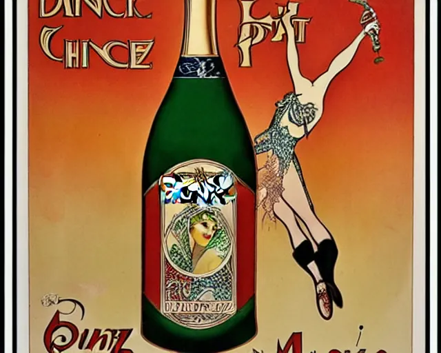 Image similar to art nouveau tin poster, dancer, melchizedek champagne bottle. cheerful, bright