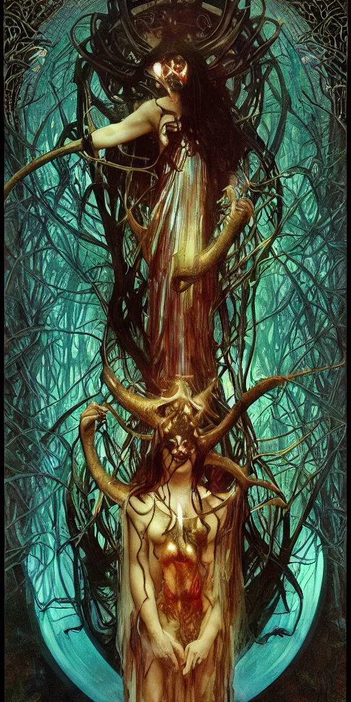 Prompt: intense roaring screaming glowing black metal pagan god with ram horns and veins and intense glowing eyes in very dark forest by karol bak and alphonse mucha, portrait, fantasy, clear, light beams, lens flare, intense, uhd, red and teal and shining polished gold, amazing depth, cinematic lighting