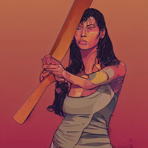 Image similar to A ultra detailed illustration of A woman holding a machete, by Tomer Hanuka, trending on ArtStation,