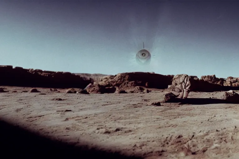 Image similar to levitating bene gesserit priest with full - face golden mask and glowing eyes in a dry rocky desert landscape, visible sky and sunny atmosphere, fata morgana giant mirrors, black star in the sky by alejandro jodorowsky and christopher doyle, anamorphic lens flares, kodakchrome, cinematic composition, practical effects, 8 k,