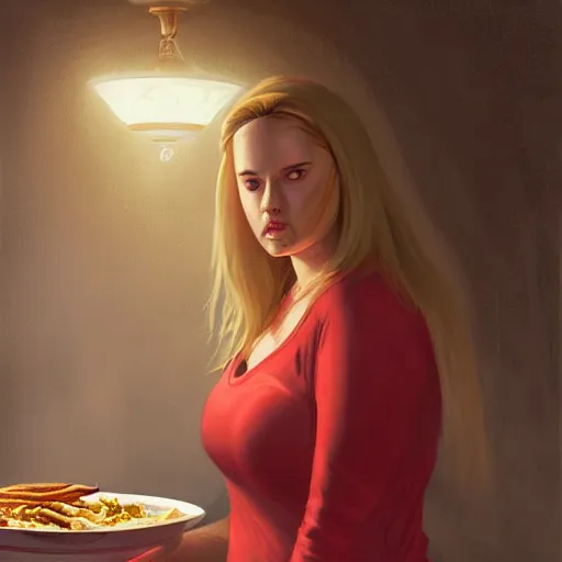 Prompt: portrait of a blonde chubby woman eating kebab, light stubble with red shirt inside victorian mansion ,digital art,photorealistoc,art by greg rutkowski,hyperdetailed,western comic style,comic,comic style,sharp lineart,professional lighting,deviantart,artstation,trevor henderson,rossdtaws,cinematic,dramatic