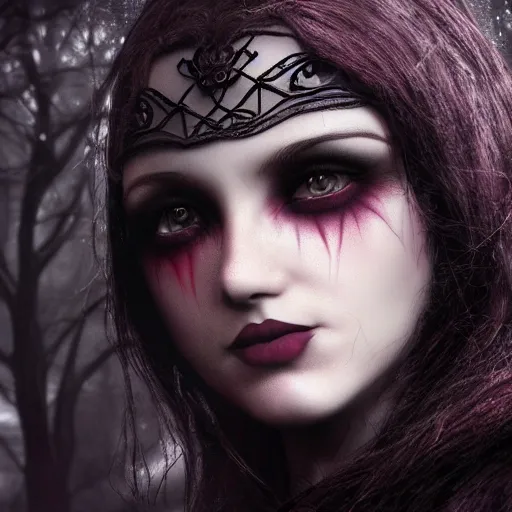 Image similar to Wanda Maximoff in gothic attire and gothic makeup, trending on artstation, gloomy atmosphere, photorealistic facial features, 4k, 8k