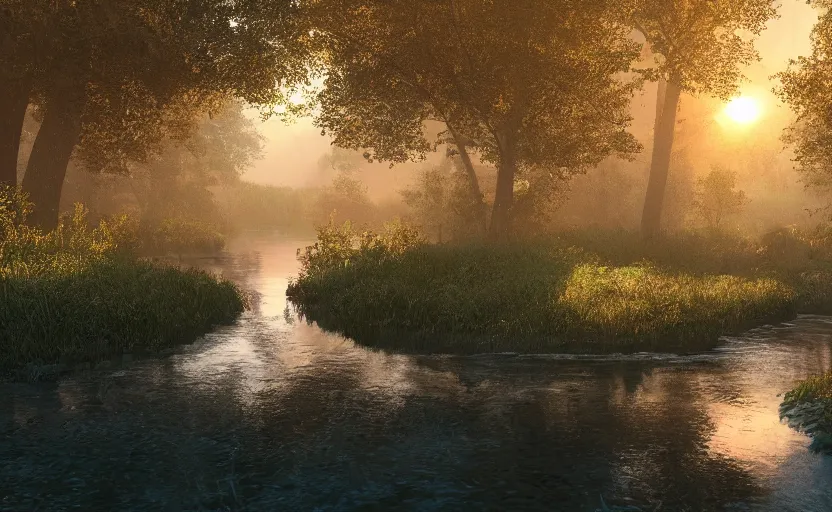 Image similar to a river in the middle of a forest at sunrise, vector art, trending on deviantart, highly detailed, high quality, 8 k, soft lighting, bloom, godrays, complementary colors, octane render, unreal engine 5, path traced, beautiful landscape, serene landscape, fancy colors